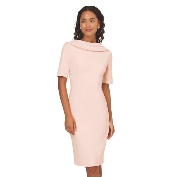 Adrianna Papell ✘ NWT Pink Elbow Sleeve Roll Neck Crepe Open Back Midi Dress - Picture 15 of 15